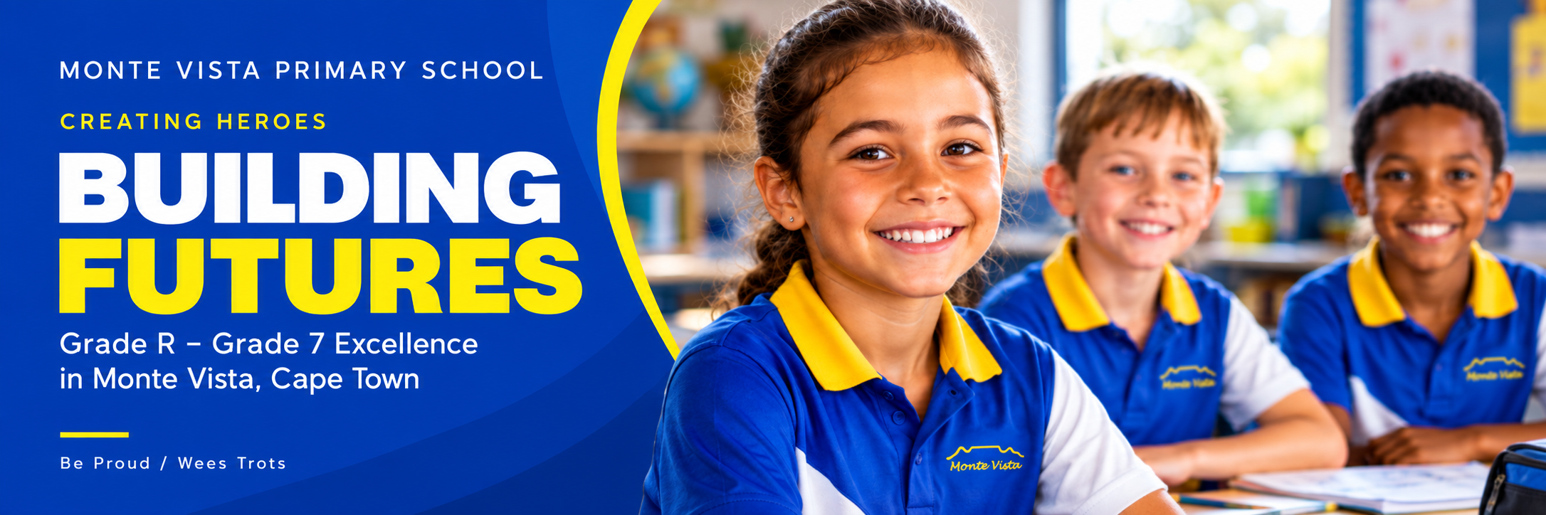 Monte Vista Primary School. Creating Heroes, Building Futures. Grade R β Grade 7 Excellence in Monte Vista, Cape Town. Be Proud / Wees Trots.